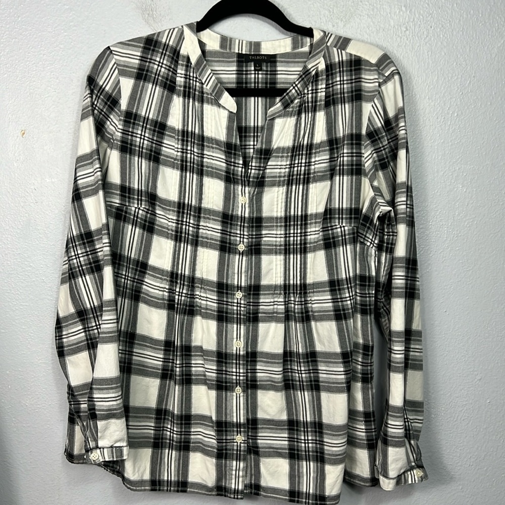 Talbots Black & White Plaid Button Front Long Sleeve Shirt Blouse Large